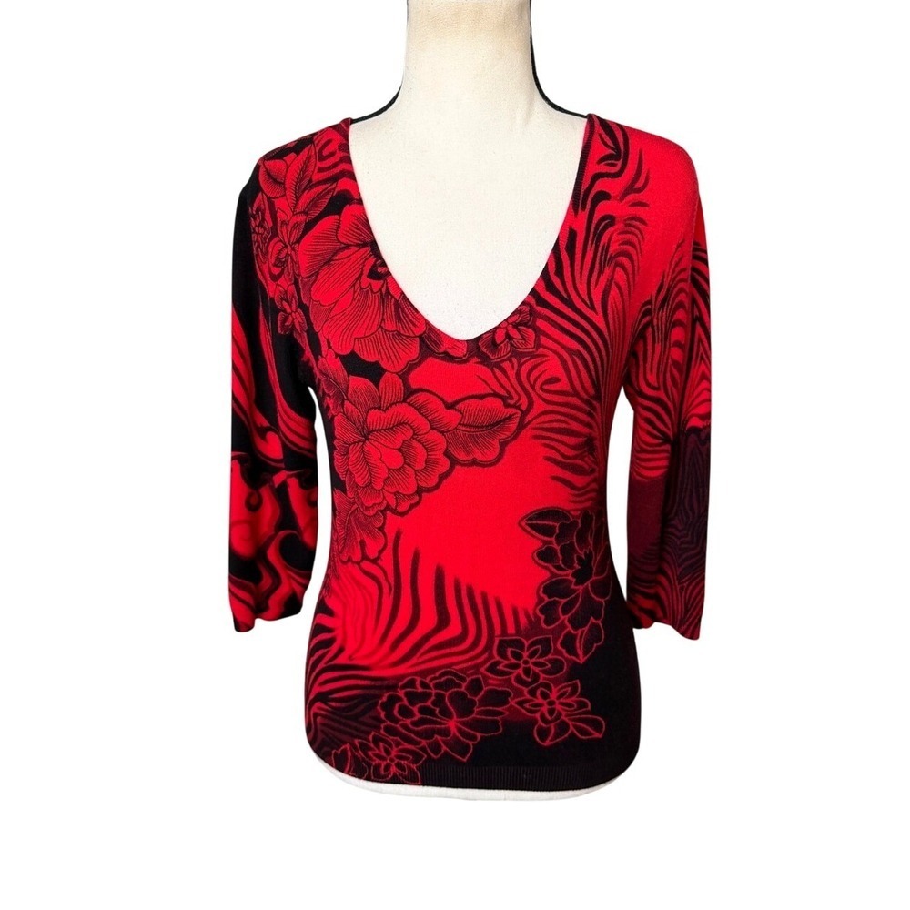 HENNY‎ Red Black Floral Knit Fitted Top V-Neck Embroidered Art Y2K Fairy Grunge